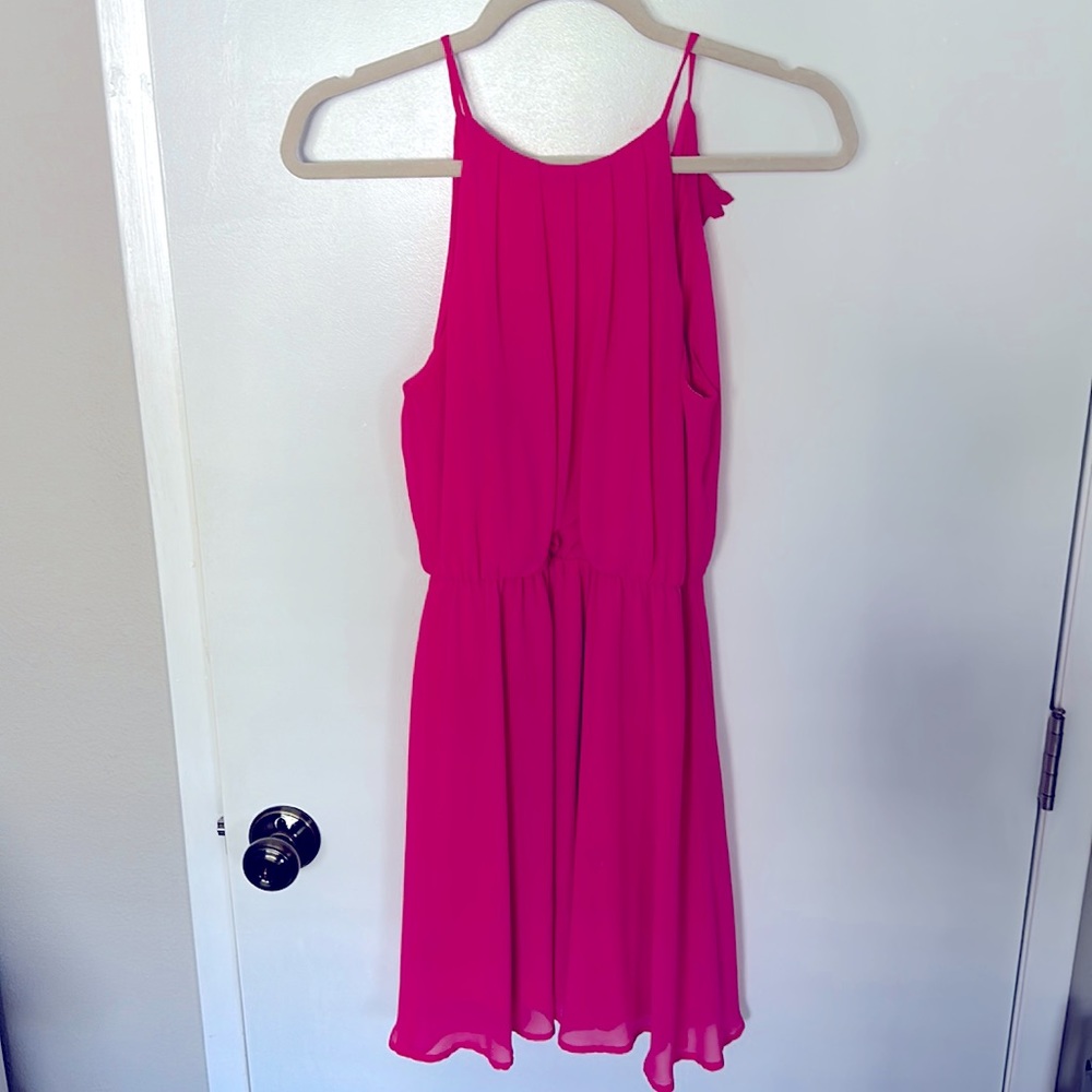 Hot pink chiffon dress.